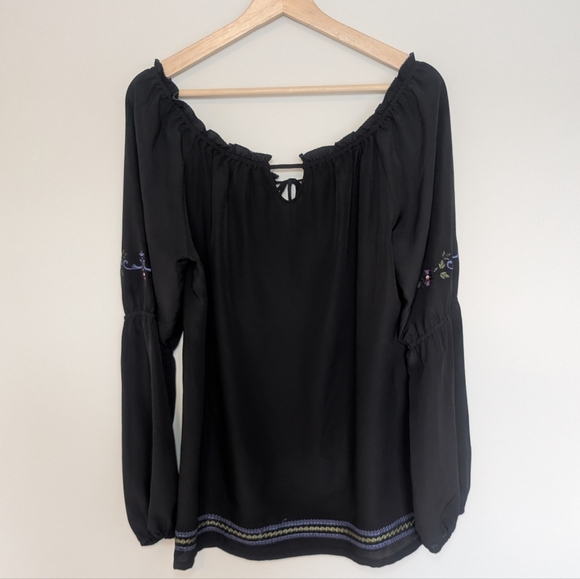 Cache Luxe Chiffon Top Blouse Black Embroidered Sheer Long Sleeve Size Medium - Picture 4 of 9